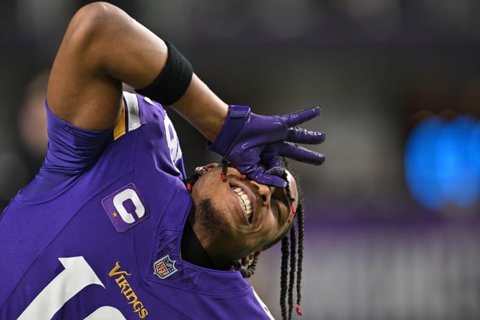 Dec 31, 2023; Minneapolis, Minnesota, USA; Minnesota Vikings wide receiver Justin Jefferson (18) looks on before the game against the Green Bay Packers at U.S. Bank Stadium.